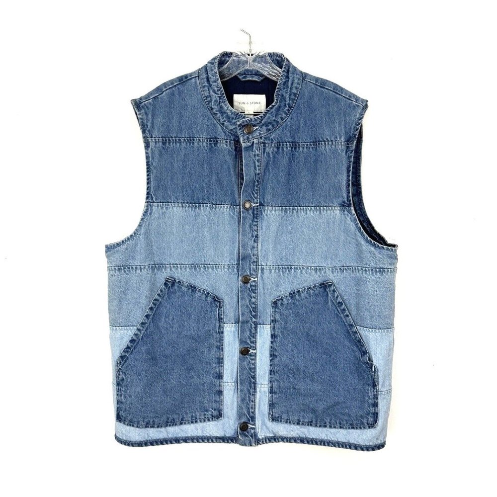 SUN + STONE Jean Vest Mens XL Blue Casual Denim‎ Outdoor Brill Pieced Buttons